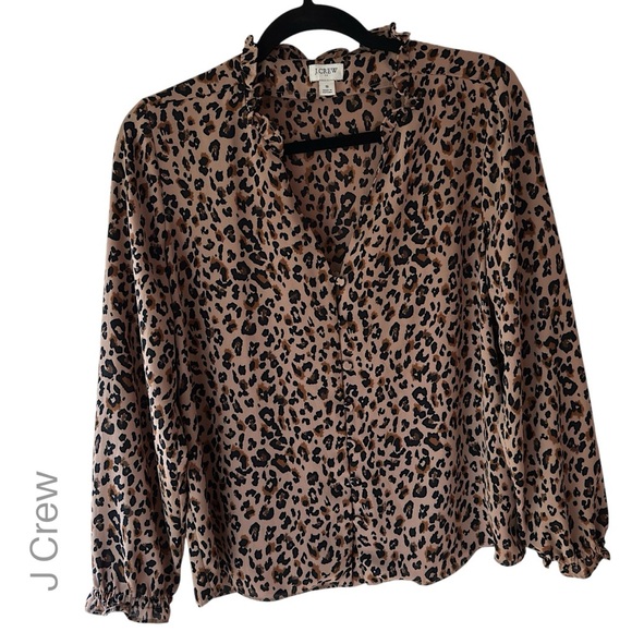J CREW NWOT LEOPARD PRINT RUFFLE BUTTON FRONT LONG SLEEVE TOP BLOUSE | SMALL - Picture 1 of 8
